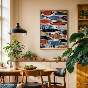 a cozy dining area with a wooden table, chairs, and a potted plant. A large fish-themed painting hangs on the wall above the table, adding a unique touch to the space. The room is filled with various potted plants, creating a lush and vibrant atmosphere.
