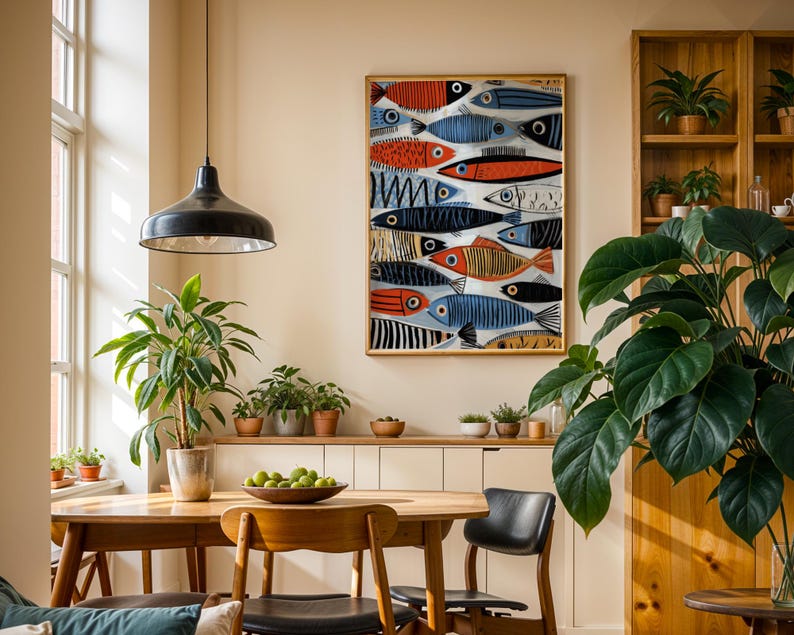 a cozy dining area with a wooden table, chairs, and a potted plant. A large fish-themed painting hangs on the wall above the table, adding a unique touch to the space. The room is filled with various potted plants, creating a lush and vibrant atmosphere.