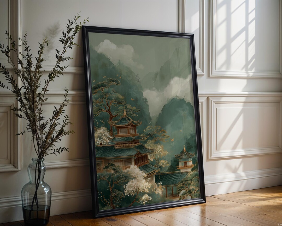Japanese Pagoda Temple Art Print Mountain Landscape Art Cherry Blossom ...