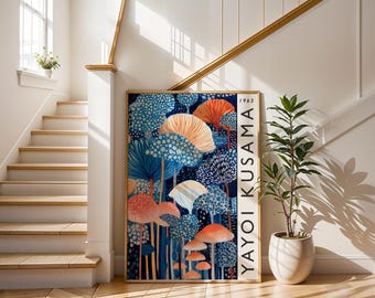 Yayoi Kusama Mushroom Art Print Retro Japanese Exhibition Poster Abstract Botanical Wall Art Mid Century Pop Art Japan Inspired Poster