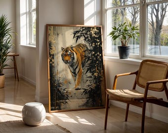 Lámina artística de tigre japonés para pared. Poderosa pintura de tigre en bambú. Obra de arte de vida silvestre asiática para interiores modernos de estilo zen japonés.