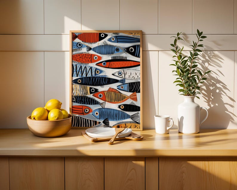 a kitchen counter with a framed fish painting, a bowl of lemons, a white vase with a plant, and a set of wooden utensils.