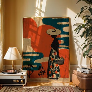 a large framed painting of a woman in a hat, standing in front of a window with a record player and a potted plant nearby.