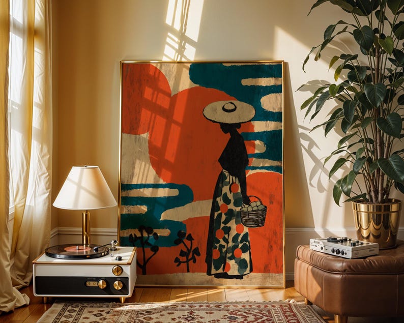 a large framed painting of a woman in a hat, standing in front of a window with a record player and a potted plant nearby.
