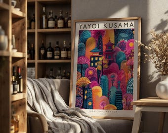 Tokyo Pagoda Art Print Retro Japanese Exhibition Poster Kusama Inspired Abstract Landscape Colourful Pop Art Wall Decor Mid Century Japan