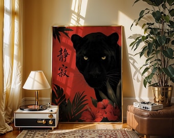 Kunstdruck mit Panthermotiv auf rotem Hintergrund im japanischen Stil, Illustration eines schwarzen Panthers, tropische Hibiskusblüte, ausdrucksstarke Wandkunst