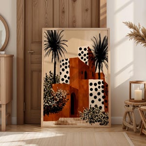 a large abstract painting of a tropical landscape with palm trees and a building with a distinctive orange and white color scheme.