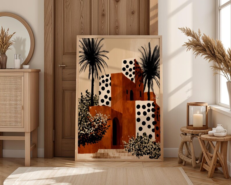 a large abstract painting of a tropical landscape with palm trees and a building with a distinctive orange and white color scheme.
