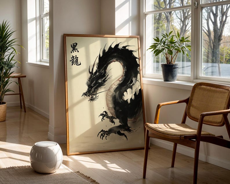 a large dragon painting displayed in a room with a wooden chair and a potted plant nearby.