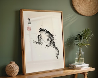 Kunstprint van een springende kikker, Japanse Sumi-poster, geïnspireerd op Matsumoto Hoji, Zen-wanddecoratie, minimalistische inktposter, retro Japanse kunst, kikkerkunstwerk