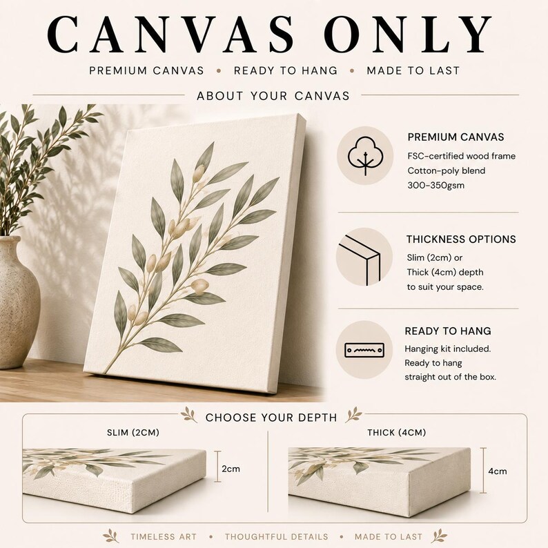 The image is a promotional poster for canvas art, featuring a large canvas with a leaf design and text providing details about the canvas, such as its size, frame, and hanging options.