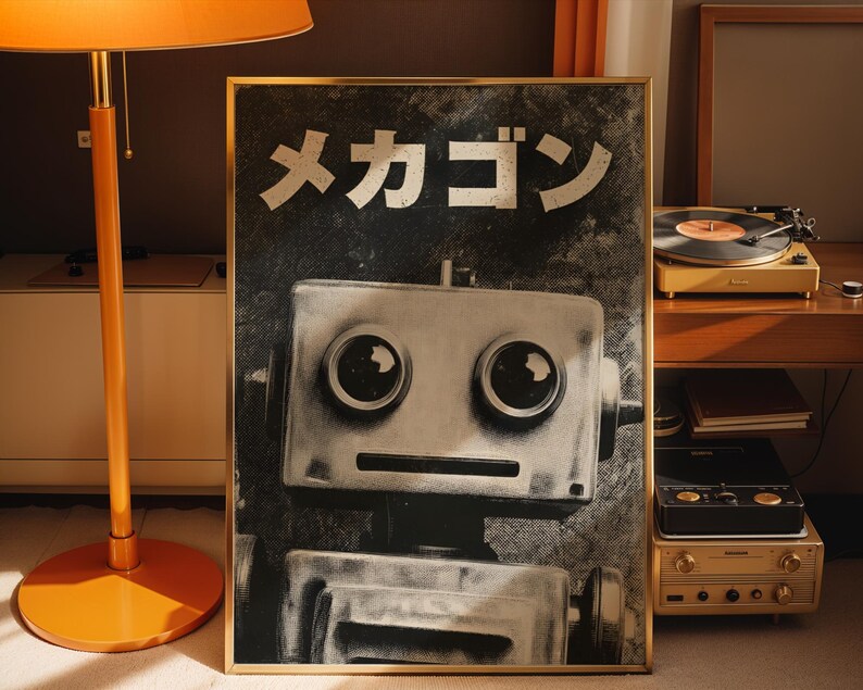 a poster of a robot with a record player in the background.