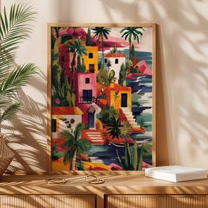 a vibrant, colorful painting of a tropical village, with palm trees, buildings, and water, displayed on a wooden shelf.