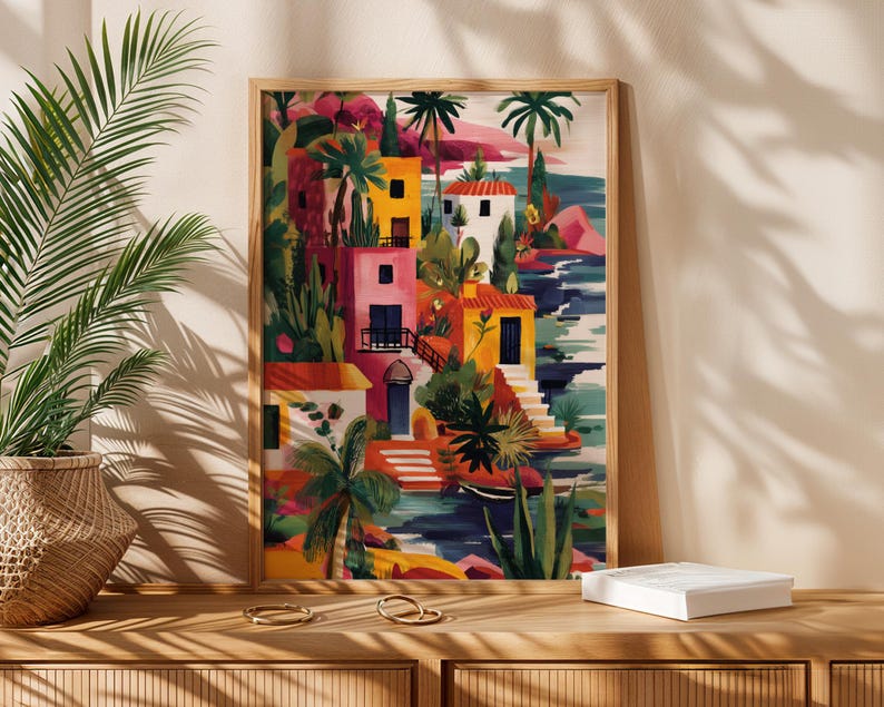 a vibrant, colorful painting of a tropical village, with palm trees, buildings, and water, displayed on a wooden shelf.