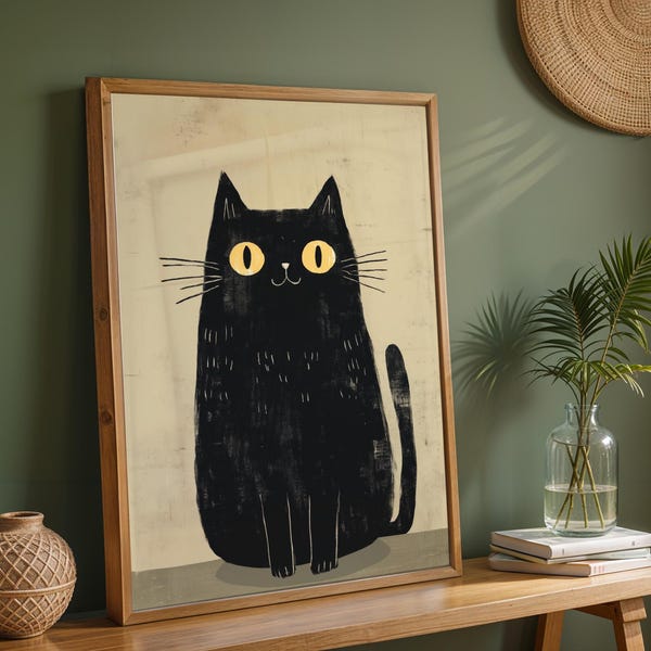 Black Cat Art Print Cute Cat Wall Art Japanese Cat Illustration Retro Japan Decor Cat Lover gift Black Cat Artwork Cat painting Japanese Art