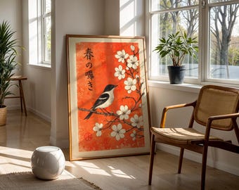 Japanse vogels en kersenbloesem Art Print rode achtergrond Oosterse muur kunst retro Japan poster lente natuur inkt schilderij bloemen decor
