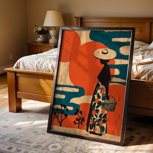 a large, colorful painting of a woman in a hat and dress, standing in front of a wooden bed frame. The painting is framed and placed on the floor in a bedroom setting.