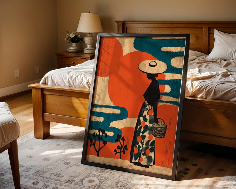 a large, colorful painting of a woman in a hat and dress, standing in front of a wooden bed frame. The painting is framed and placed on the floor in a bedroom setting.