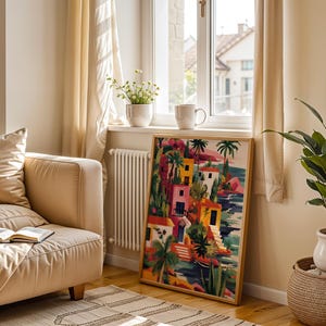 a cozy living room with a beige sofa, a large painting of a colorful tropical scene, and a potted plant. The room has a window with curtains, and there are two cups on a windowsill.