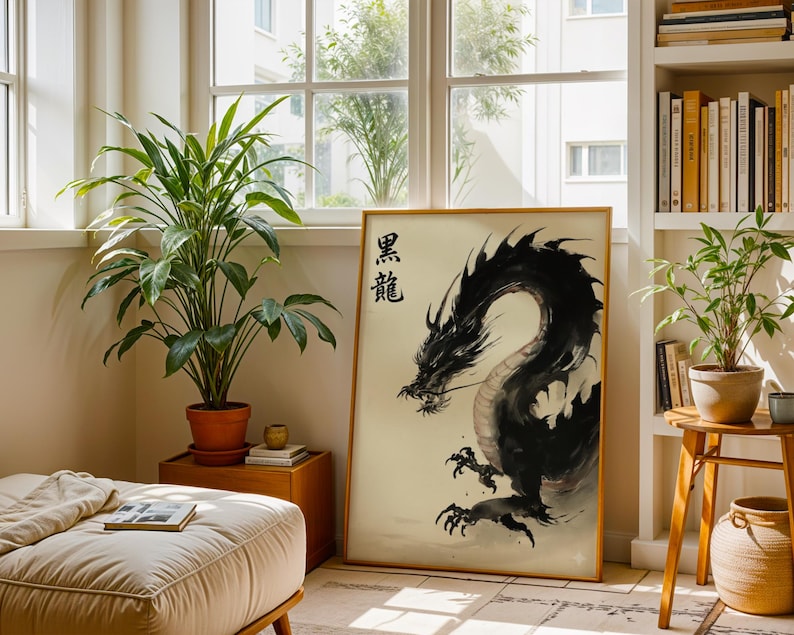 a living room with a large framed artwork of a dragon on the wall, surrounded by potted plants and a bookshelf filled with books.