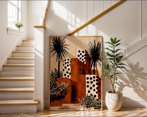 Mediterranean Architecture Art Print Polka Dot Art Modernist Building Wall Art Palm Tree Poster Abstract Mediterranean Decor Terecotta Decor