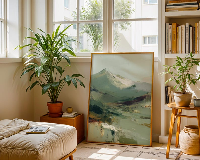 a cozy living room with a large painting of a mountain landscape hanging on the wall, a potted plant on a wooden table, and a bookshelf filled with books.
