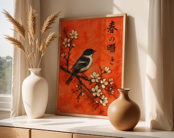 Rode Sakura vogel kunst print Japanse poster kersenbloesem muur kunst Oosterse natuur print lente Japan kunstwerk retro bloemen inkt decor