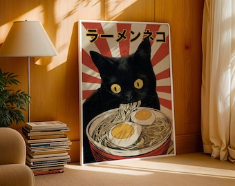 Black Cat Ramen Retro Japanese Wall Art Japanese Poster Kawaii Cat Art Ramen Art Black Cat Illustration Japanese Print Kawaii Neko Decor