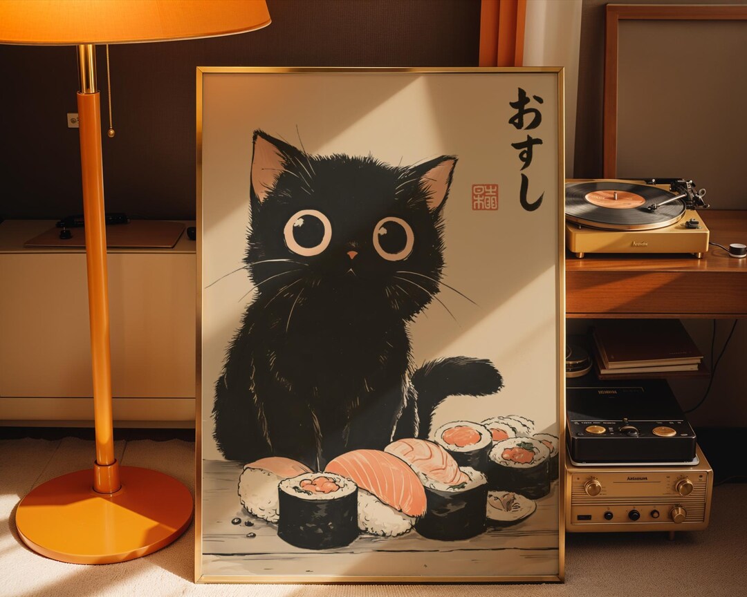 Black Cat Sushi Art Print Japanese Wall Art Cute Cat Illustration ...
