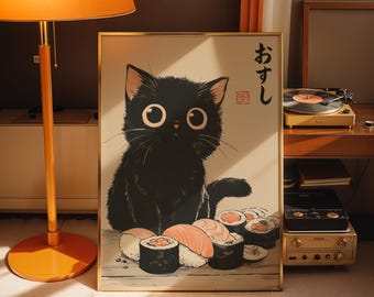 Black Cat Sushi Art Print Japanese Wall Art Cute Cat Illustration Kawaii Kitchen Decor Salmon Sushi Cat Poster Cat Lady Gift Sushi Lover