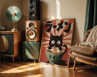 Black Cat Japanese Art Print Retro Japanese Poster Kawaii Neko Ramen Art Black Cat Wall Art Showa Era Style Japanese Print Kitchen Decor