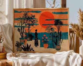 Mexican Style Coastal Art Print Sunset Sun Wall Art Boho Botanical Decor Teal Orange Interior Cactus Landscape Modern Retro Artwork