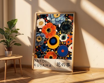 Japanese Floral Exhibition Poster Kusama Inspired Pop Art Flower Print Retro Abstract Botanical 1960s Tokyo Design Mid Century Wall Decor