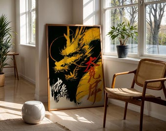 Japanese Dragon Art Print Oriental Wall Art Mythical Creature Poster Bushido Decor Asian Dragon Artwork Sumi Ink Painting Japan Design