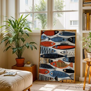 a cozy living room with a large fish-themed painting on the wall, a comfortable sofa, a wooden side table, and several potted plants.