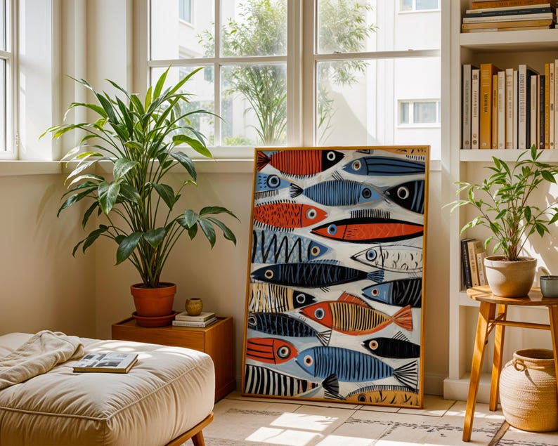 a cozy living room with a large fish-themed painting on the wall, a comfortable sofa, a wooden side table, and several potted plants.