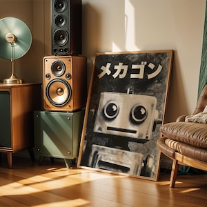 a living room with a large poster of a robot, a brown leather chair, a wooden cabinet, and a stack of speakers.