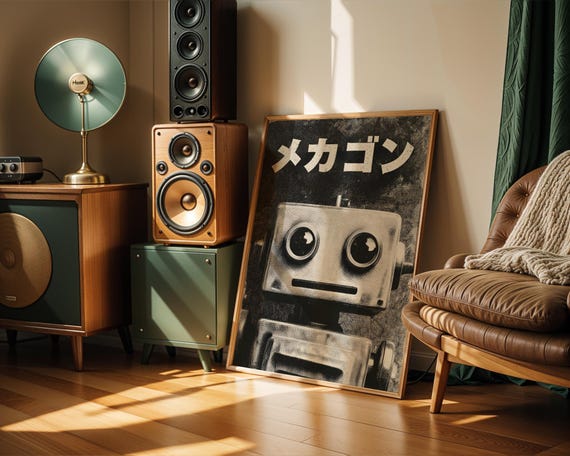 Silver Robot Art Print Retro Japanese Wall Art Japanese Poster Showa Era Robot Illustration Dotted Texture Retro Sci Fi Art Robot Lover Gift
