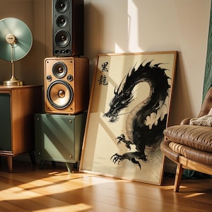a living room with a large dragon painting on the wall, a brown leather chair, a wooden cabinet, and a large speaker.