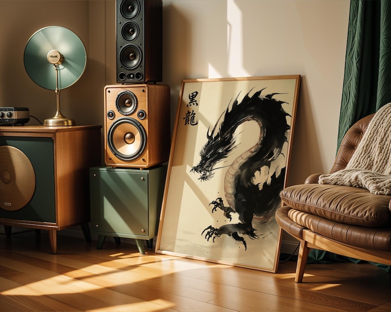 a living room with a large dragon painting on the wall, a brown leather chair, a wooden cabinet, and a large speaker.