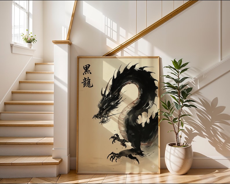 a large black dragon painting displayed on a wall, with a potted plant and a staircase in the background.