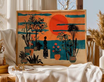 Meksykański styl nadmorski, wydruk artystyczny, zachód słońca, sztuka ścienna, boho, botaniczny wystrój, turkusowo-pomarańczowe wnętrze, kaktusowy krajobraz, nowoczesne dzieło sztuki w stylu retro