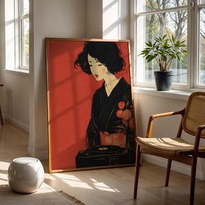 Geisha Art Print Red Aesthetic Japanese Woman Artwork Retro Record Player Illustration Oriental Portrait Decor Retro Wall Art Japandi