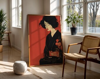 Geisha Art Print Red Aesthetic Japanese Woman Artwork Retro Record Player Illustration Oriental Portrait Decor Retro Wall Art Japandi