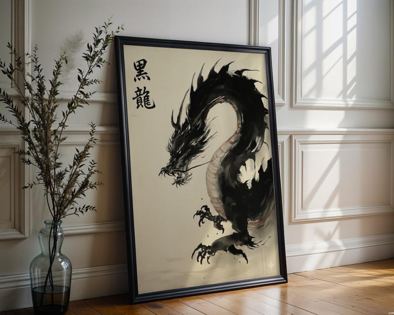 a large black dragon painting displayed on a wall, with a vase of greenery to the left.