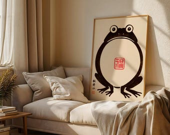 Kikker kunstprint, Japanse inkttekening, geïnspireerd op Matsumoto Hoji, muurdecoratie, minimalistische zen-stijl, retrostijl, Japanse poster, cadeau voor kikkerliefhebbers.