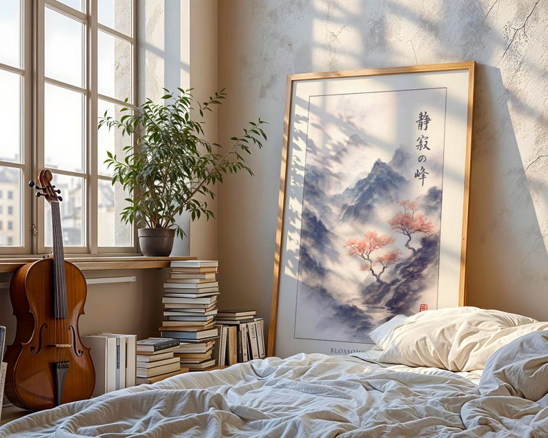 a serene bedroom scene with a large framed landscape painting of a mountain and trees, a wooden violin, and a stack of books on a bed.