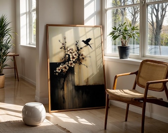 Sakura Bird Art Print Japanse bloesem schilderij donkere inkt illustratie moderne Japanse bloemen natuur muur kunst elegante kersenbloesem poster