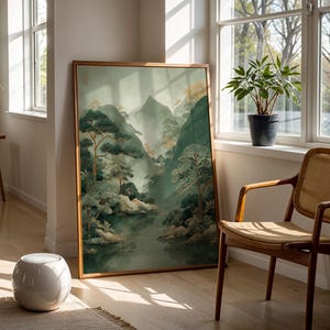 Japanese Mountain Art Print Misty Green Valley Art Zen Wall Decor Sumi E Inspired Forest Mountains River Wabi Sabi Minimal Calm Bedroom