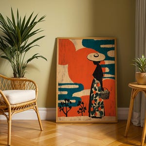 a living room with a wicker chair, a wooden table, and a large abstract painting depicting a woman in a hat and dress.